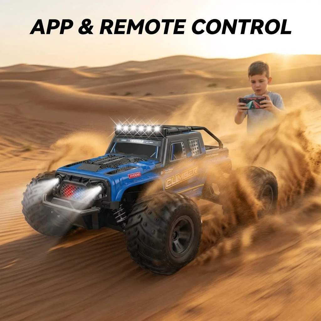 2.4GHz Mobile APP Dual Use， RC 1:18 Pickup Monster Truck High Speed Off-Road Remote Control Car Toy for Kids Boys Girls Gift