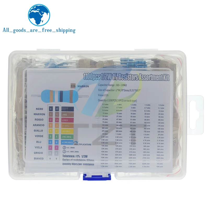 

1100pcs 1/2W Metal Film Resistor Kit 1% 0.1 ohm - 2.2M 110 ValuesX10pcs 0.5W Resistance Set Assortment Pack