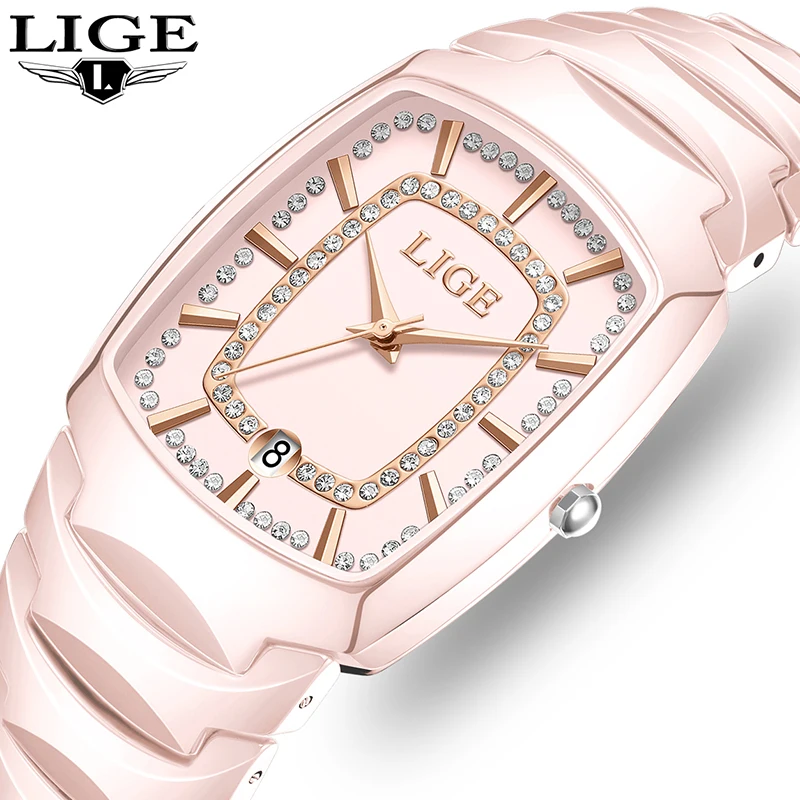 LIGE Creative Square Watch For Women Fashion Waterproof Date Women's Quartz Wristwatches Stainless Steel Sports Ladies Watches