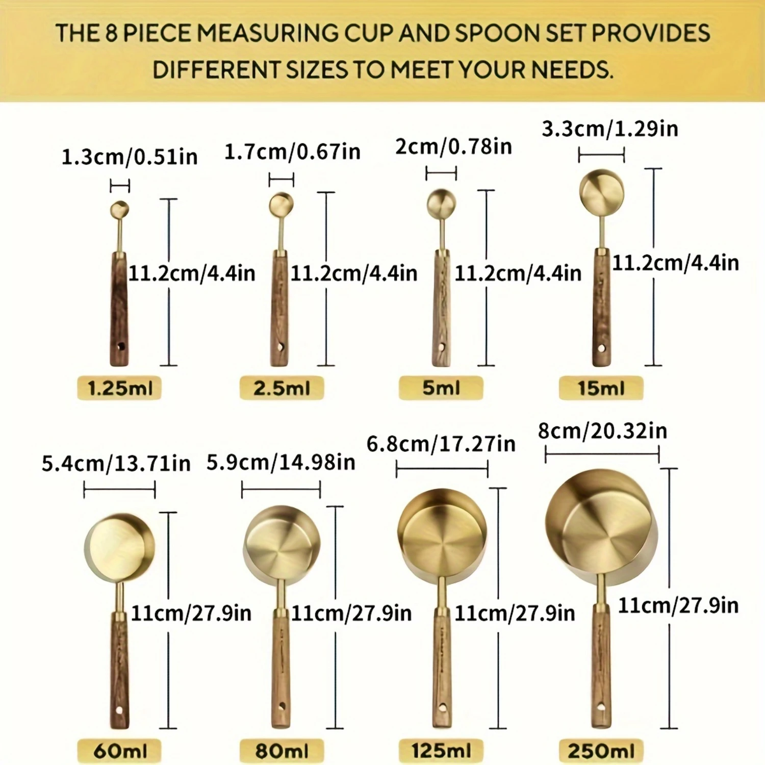 8pcs Measuring Cup And Spoons For Restaurant, Stainless Steel Measuring Cup And Measuring Spoon Set, Acacia Wooden Handle Stainl