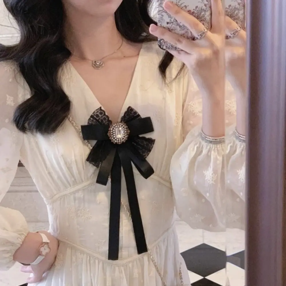 New Black Memorial Black Bowknot Brooches Fabric Lace Crystal Rhinestone Bow Tie Brooches Collar Pin Dress Coat Accessories