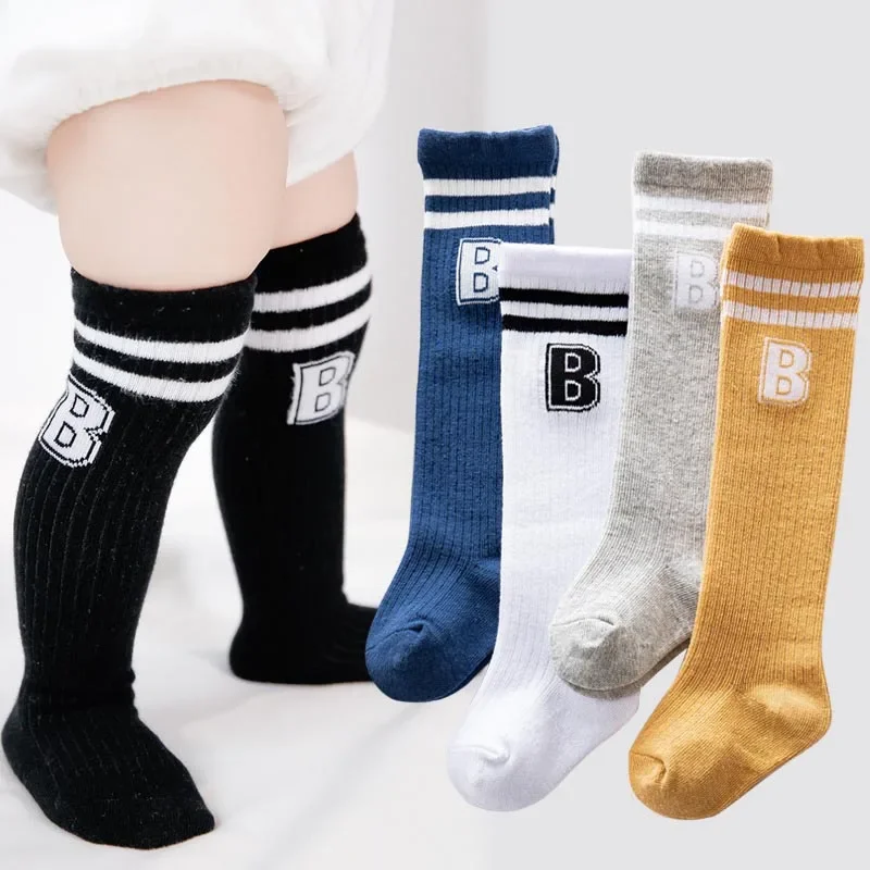 Solid Color Stripe Baby Long Socks Classic Letter Knee High Sock for Infant Boy Girl Spring Autumn Stockings