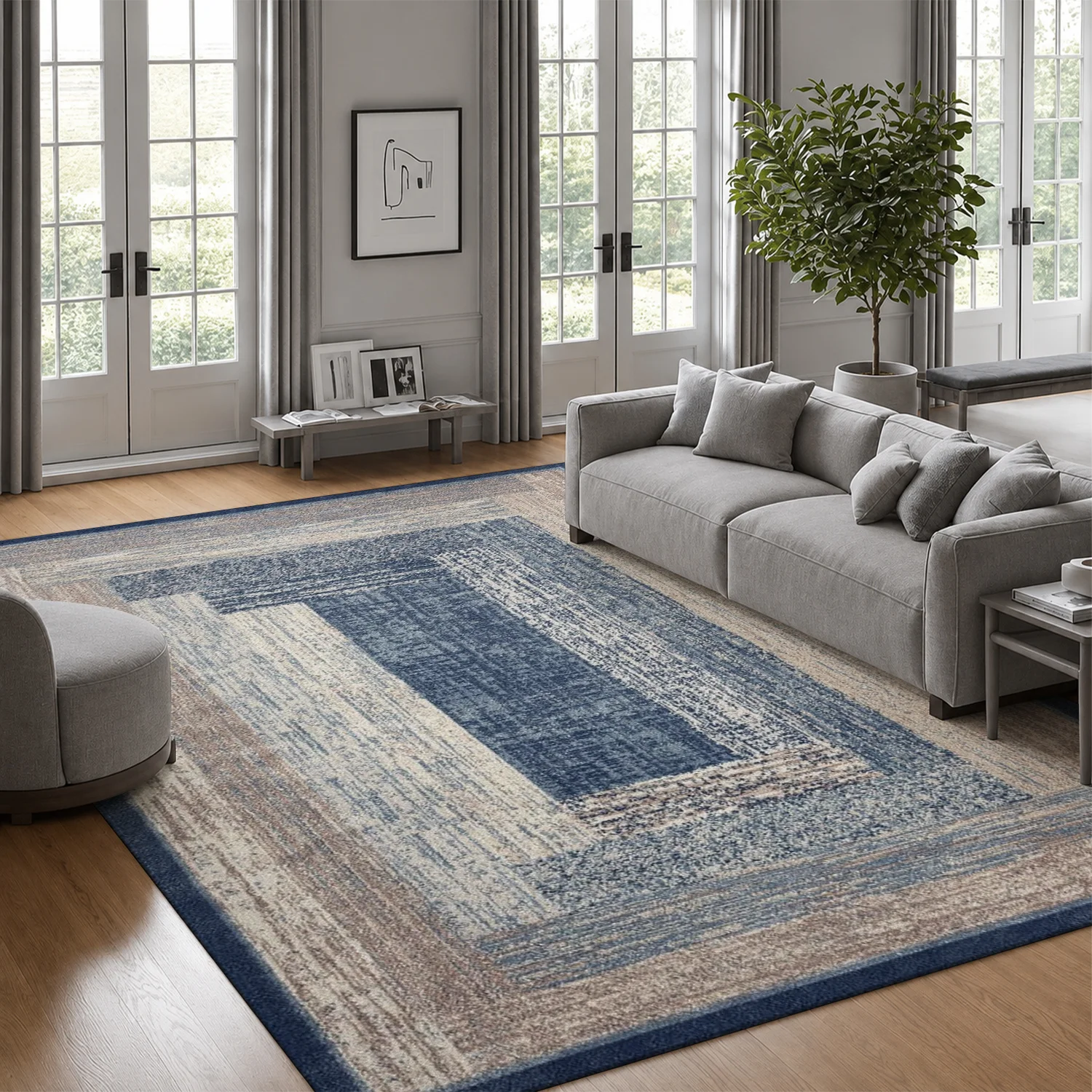 Alfombra grande para interiores, de terciopelo suave y pelo corto, con base antideslizante de puntos, lavable a máquina, alfombra moderna con diseño geométrico en capas, en color azul marino y beige, ideal para salones, dormitorios y decoración del hogar.