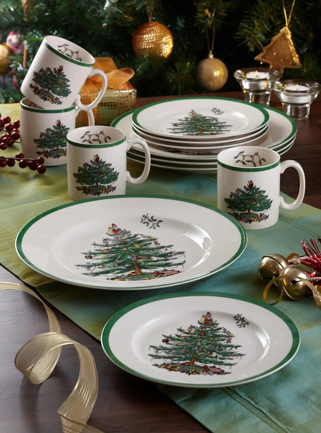 Christmas Tree 12-Piece Dinnerware Set (Service for 4) Fine Earthenware Christmas Dinnerware - Microwave & Dishwasher Safe