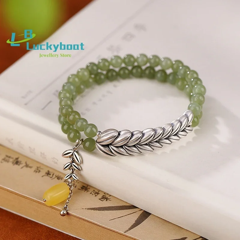 

S990 Foot Silver Beeswax And Tian Qingyu Round Pearl Wheat Ears, Temperament Elegant Personality Double Circle Bracelet