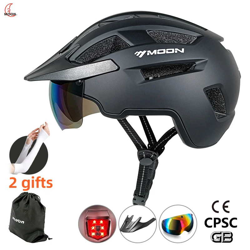 

MOON LED Bike Helmet With Sun Goggle Visor Rechargeable LED Bicycle Helmet Sunglasses Shield Road MTB Cycling Helmets