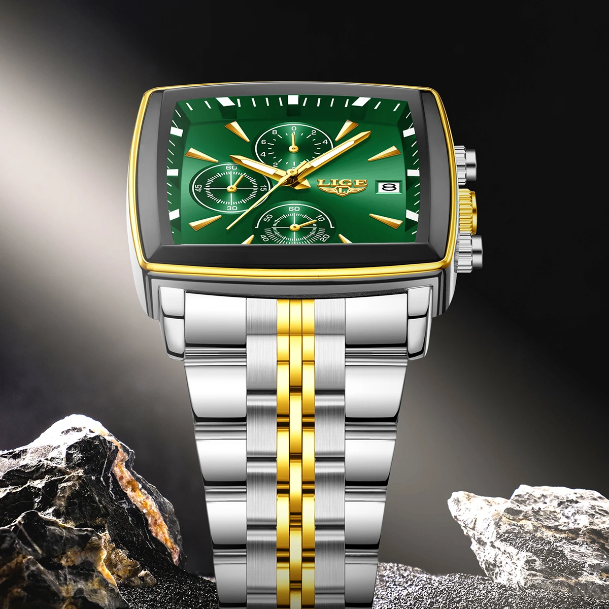 LIGE トップブランドの高級クォーツ時計スクエアステンレスファッションカジュアルクロノグラフ腕時計男性用スポーツ防水男性用腕時計