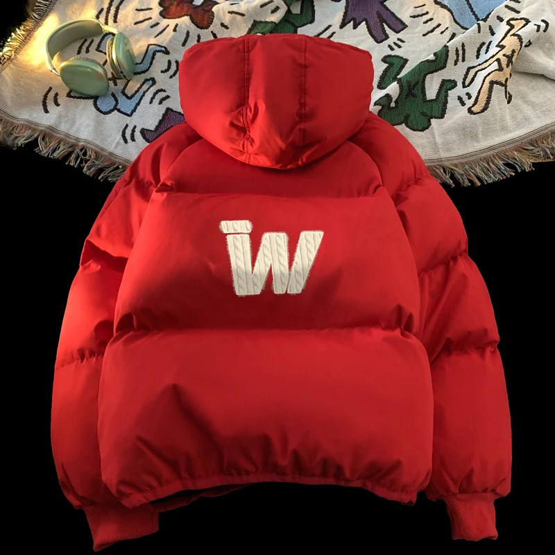 

Men's Winter Thiened Hooded down Jaet Youth Casual Sle Red Outerwear Loose Fit Brand Trendy Cotton Padded Coat