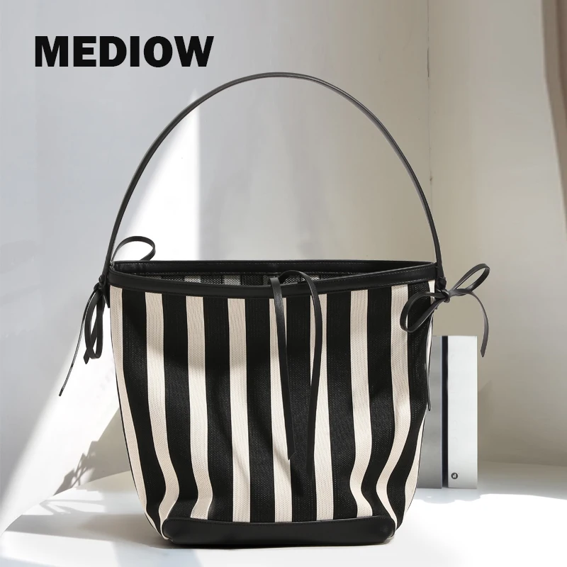 

MEDIOW Korean Casual Mesh Bucket Bags For Women Luxury Designer Handbag And Purse 2024 New In Striped With Inner Pocket Shoulder