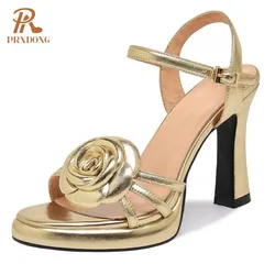 PRXDONG 2024 New Sexy Summer Real Leather High Heels Platform Black Gold Flowers Dress Party Wedding Lady Sandals Pumps Size 40