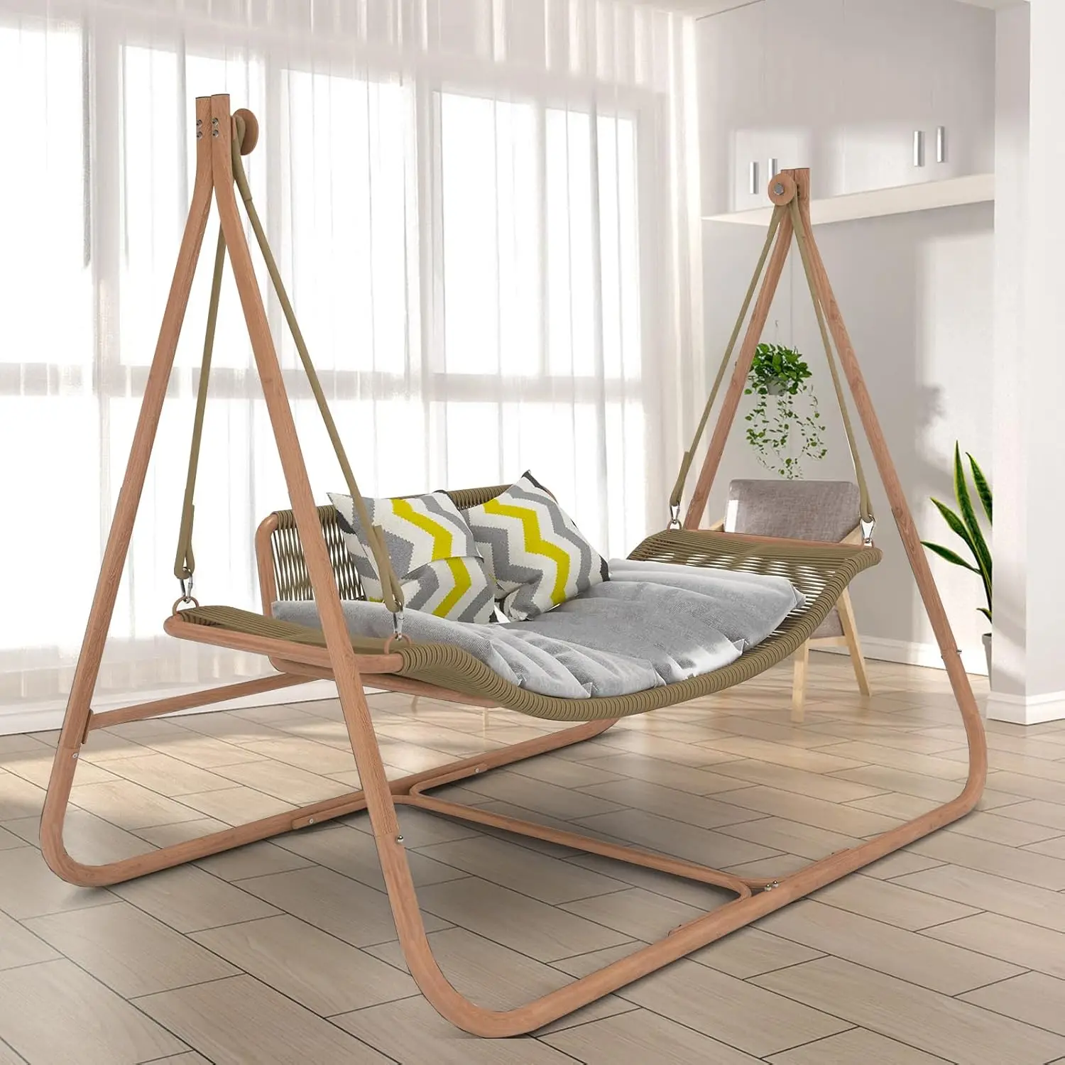 Hammock Swing Chair with Stand for Indoor,Outside, Anti-Rust Wood-Colored Frame 570 lbs Capacity with Cushion Oversized Double H