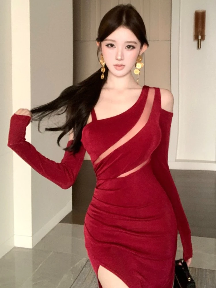 فستان نسائي أنيق من Foamlina ذو منظور شبكي بدون أكتاف للحفلات المسائية وأكمام طويلة وخصر نحيف مكشكش وفتحة عالية فستان مثير #5