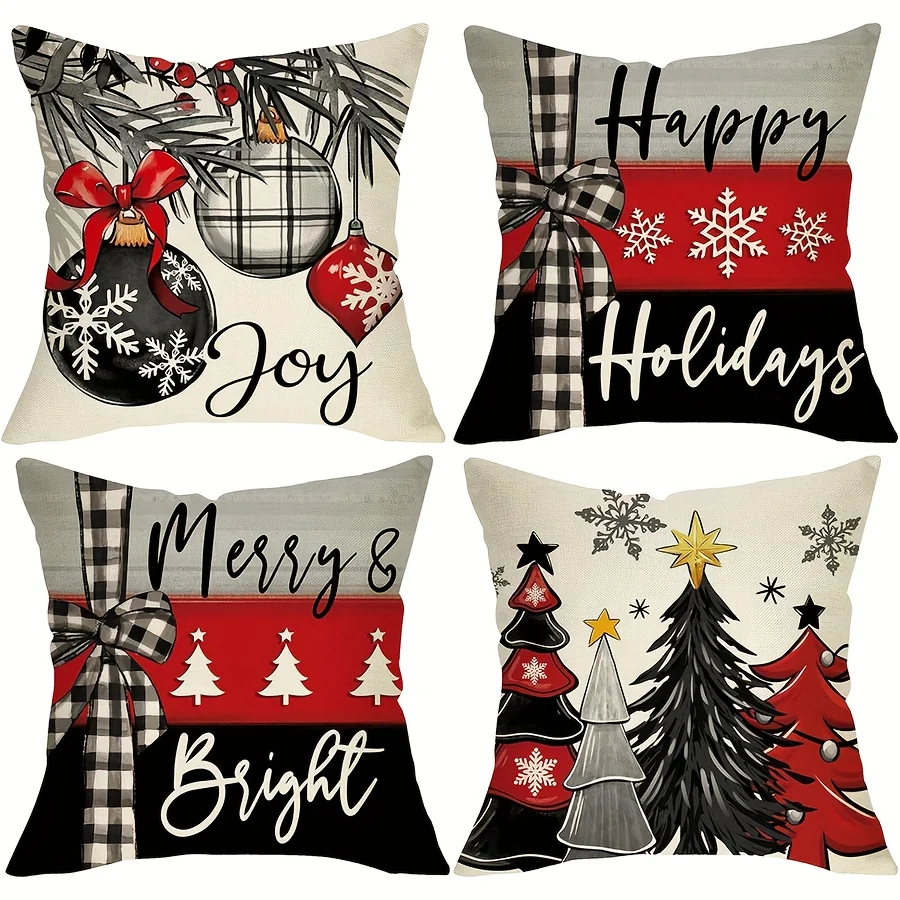 4pcs Christmas Tree Pillow Covers – Festive Ornaments Snowflakes & Buffalo Plaid Bow, Winter Holiday Decor for Sofa & Home