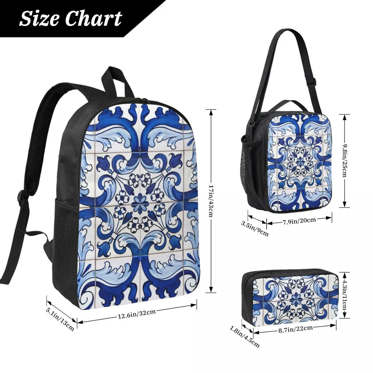 Antique Classic Lisbon Blue Azulejo Tile Floral Backpack Boy GirlsBookBag School Bag  3ps Insulated Lunch Bag Pencil Case