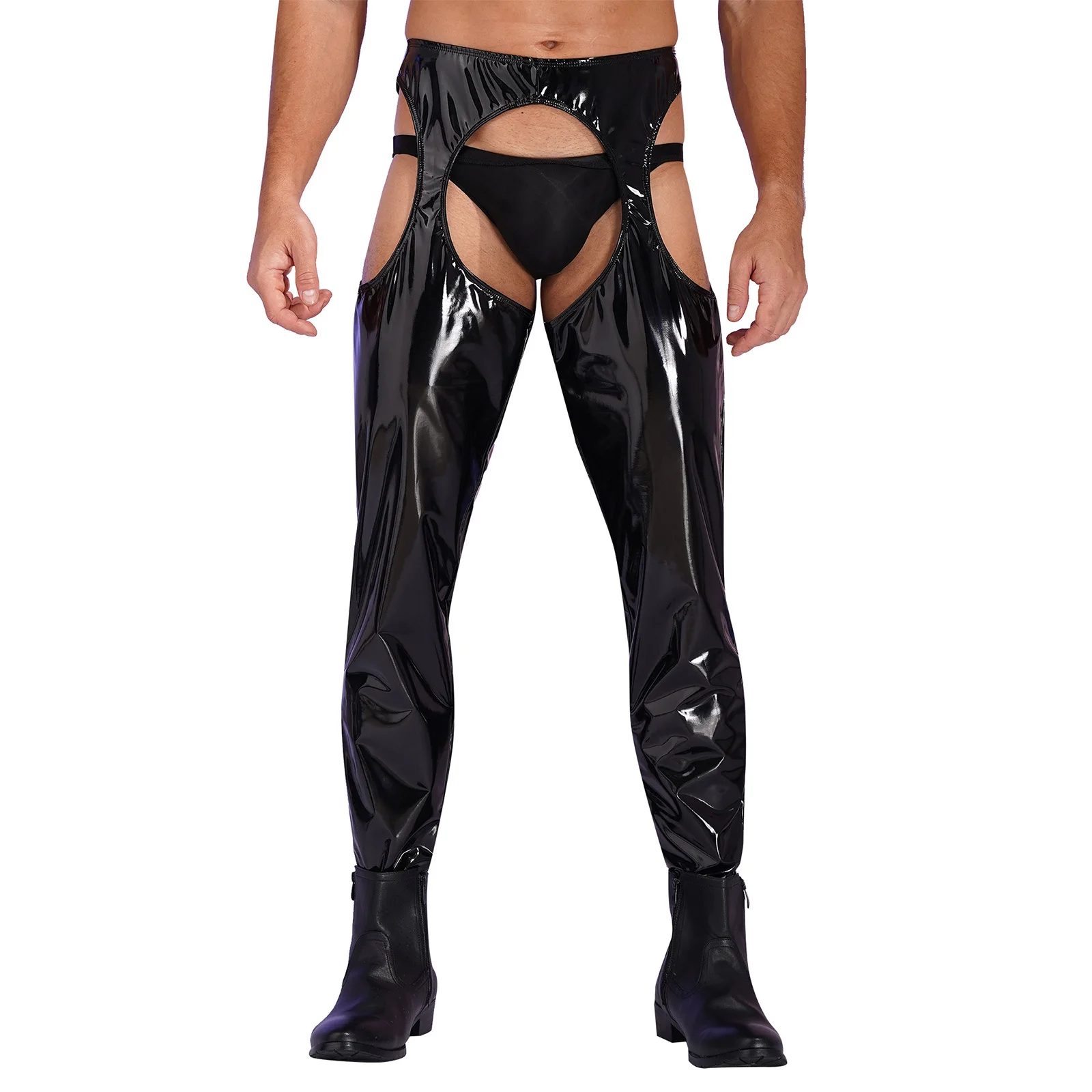 Mens Wetlook Crotchless Open Butt Pants PVC Leather Thigh-High Tights Pants Leggings High Waist Cutout Pole Dance Trousers Club