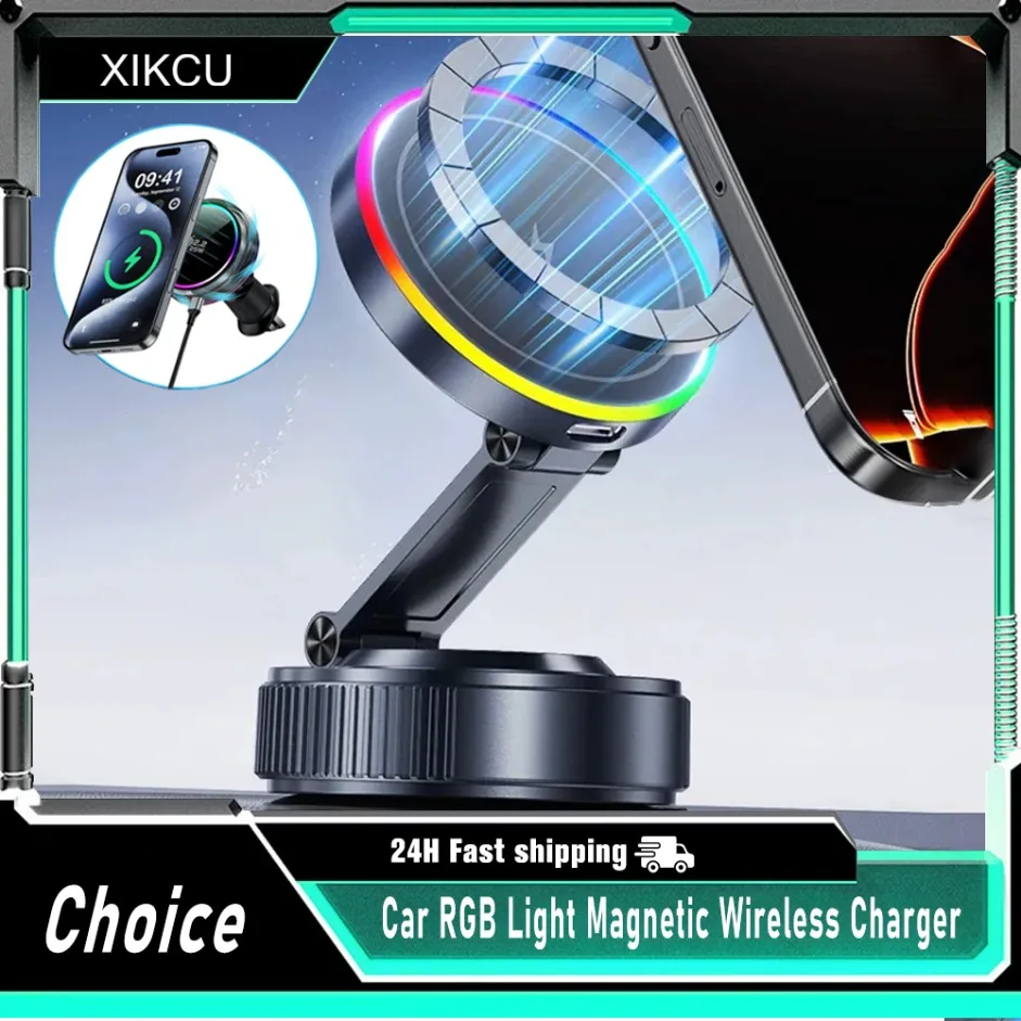 

15W RGB Magnetic Wireless Charger & Vacuum Suction Cup Bracket For Magsafe iPhone 17 16 15 14 13 12 Pro Max Fast Charging Stand
