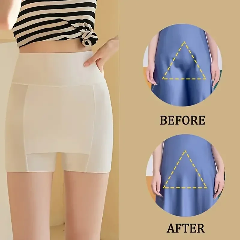 

1PC High-waisted Ice Silk Safety Pants Women's Anti-slip Summer Thin Double-layer Cover Belly Lift Hips Without Rolling Shorts