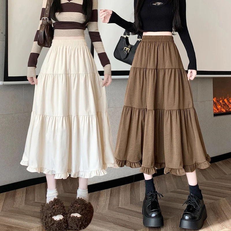 Design inspired midi skirt for women in autumn and winter, Korean version high waisted A-line skirt, mid length cake skirt