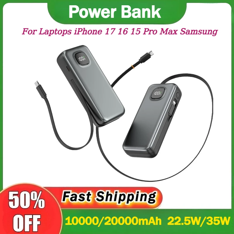 

22.5W Power Bank 20000mAh Fast Charging with Built-in Retractable Type-C Cable for 35W Laptops iPhone 17 16 15 Pro Max Samsung