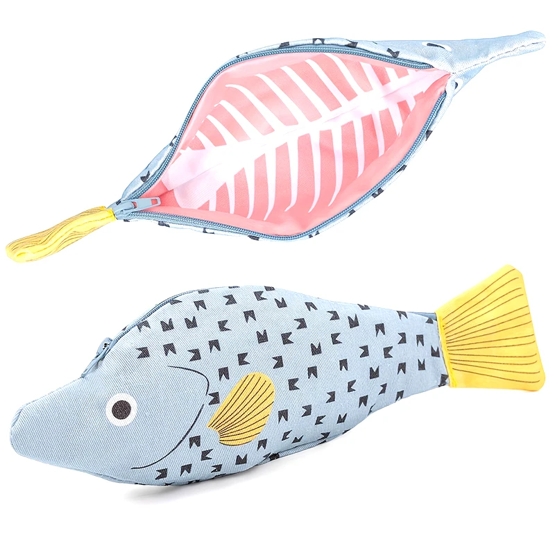 Estuche de lápices divertido con forro de espina de pescado simulado, estuche de lápices con forma de pez, monedero de pescado, regalo de cumpleaños