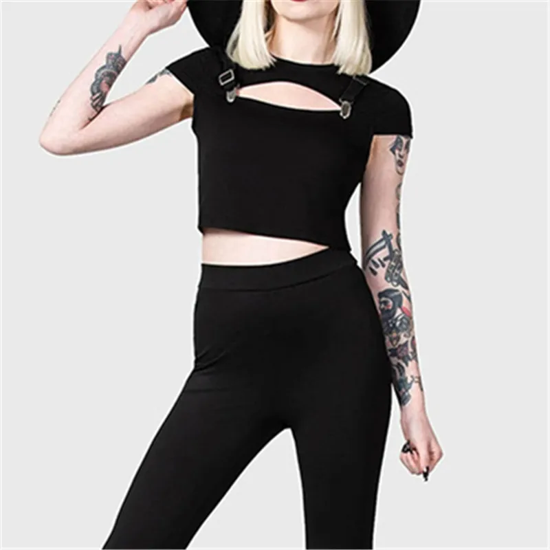 Goth Dark Casual Streetwear Hollow Out Short Sleeve Crop Tops Punk Grunge O-neck Cut Slim T-shirts Women Acubi Gothic T-shirt