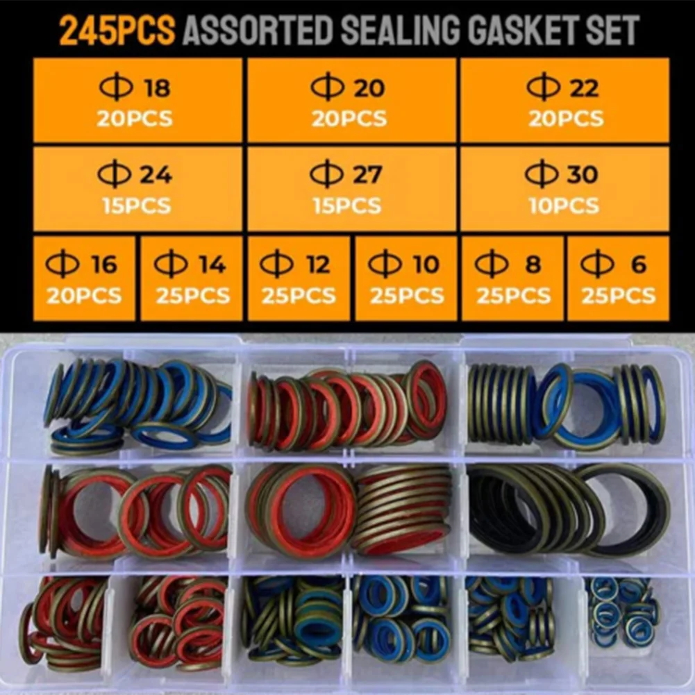 100pcs/ 245pcs Assorted Sealing Gasket Set Rubber Combination Gasket Repair Box Direct Replacement Car Accessories