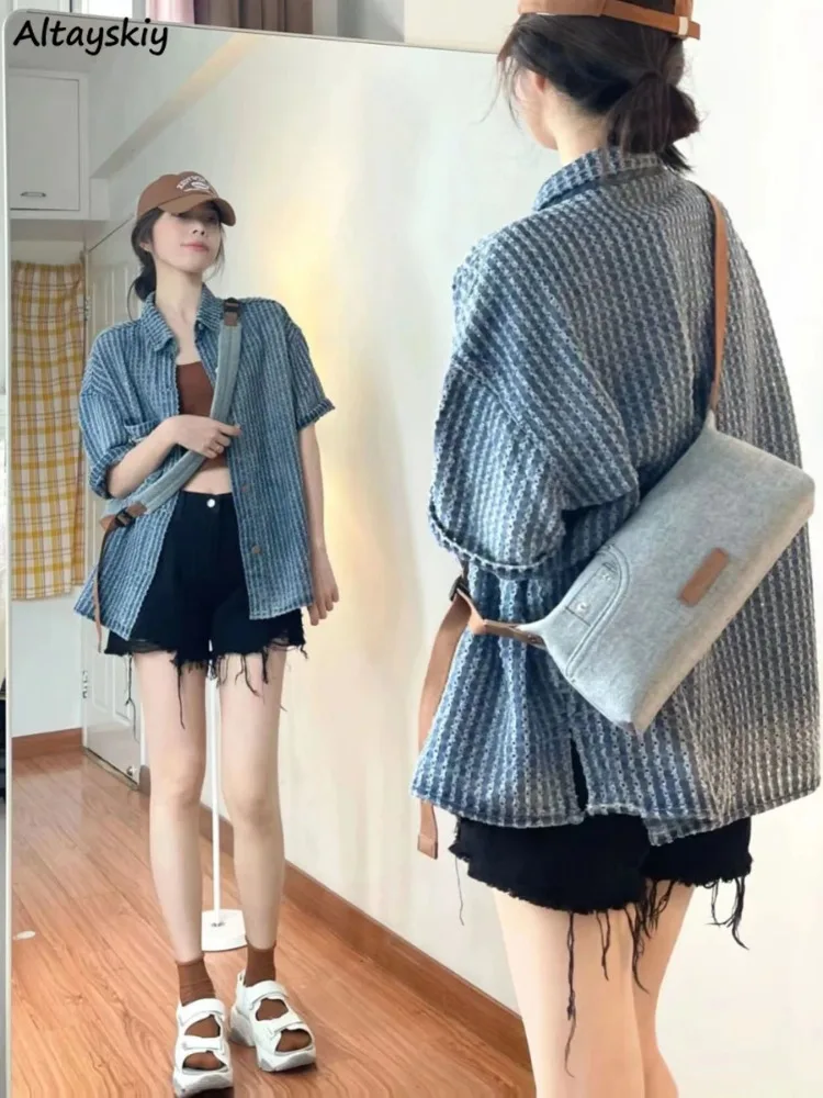 Denim Shirts Women Minority Summer Chic Street Korean Style Striped 5 Quarter Sleeve Fashion New Design Cool All-match Simple BF