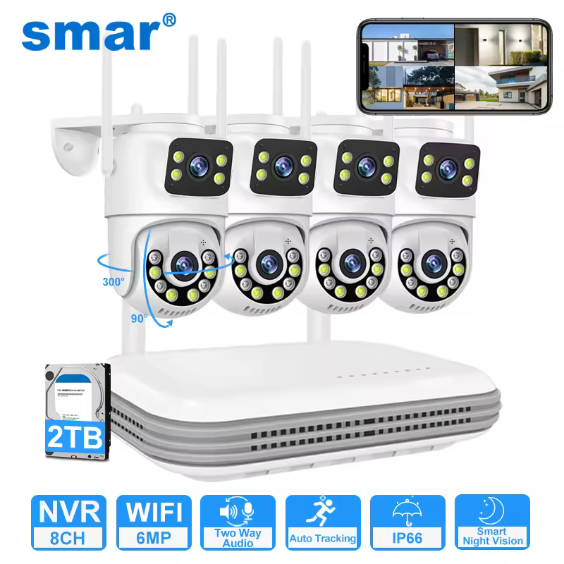 Smar Sistema de Câmeras de Segurança WiFi 6MP Lente Dupla Kit de Câmeras IP Sem Fio com Áudio Bidirecional NVR 8CH
