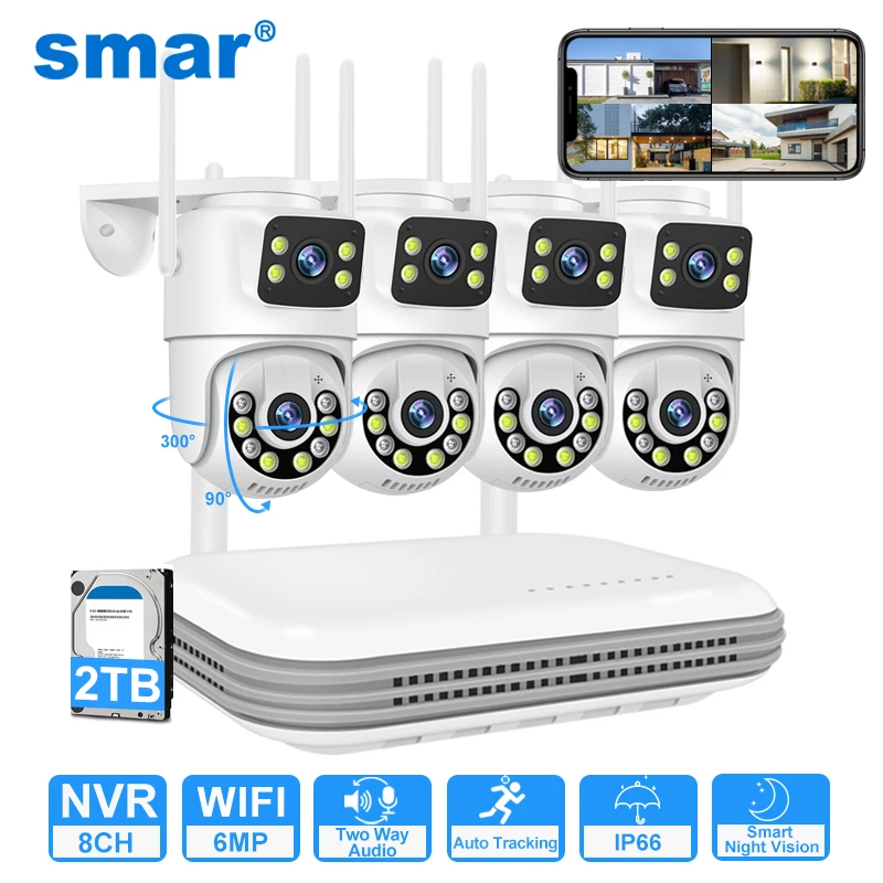 System kamer bezpieczeństwa Smar WiFi, 6MP, dwuobiektywowa bezprzewodowa kamera IP z dwukierunkowym audio, 8-kanałowy NVR