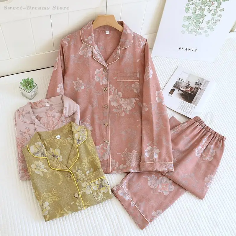

Spring Autumn New Cotton Gauze Pijama Mujer Lounge Wear Print Flower Women Long Sleeve Trouser Pajamas Set Casual Home Clothes