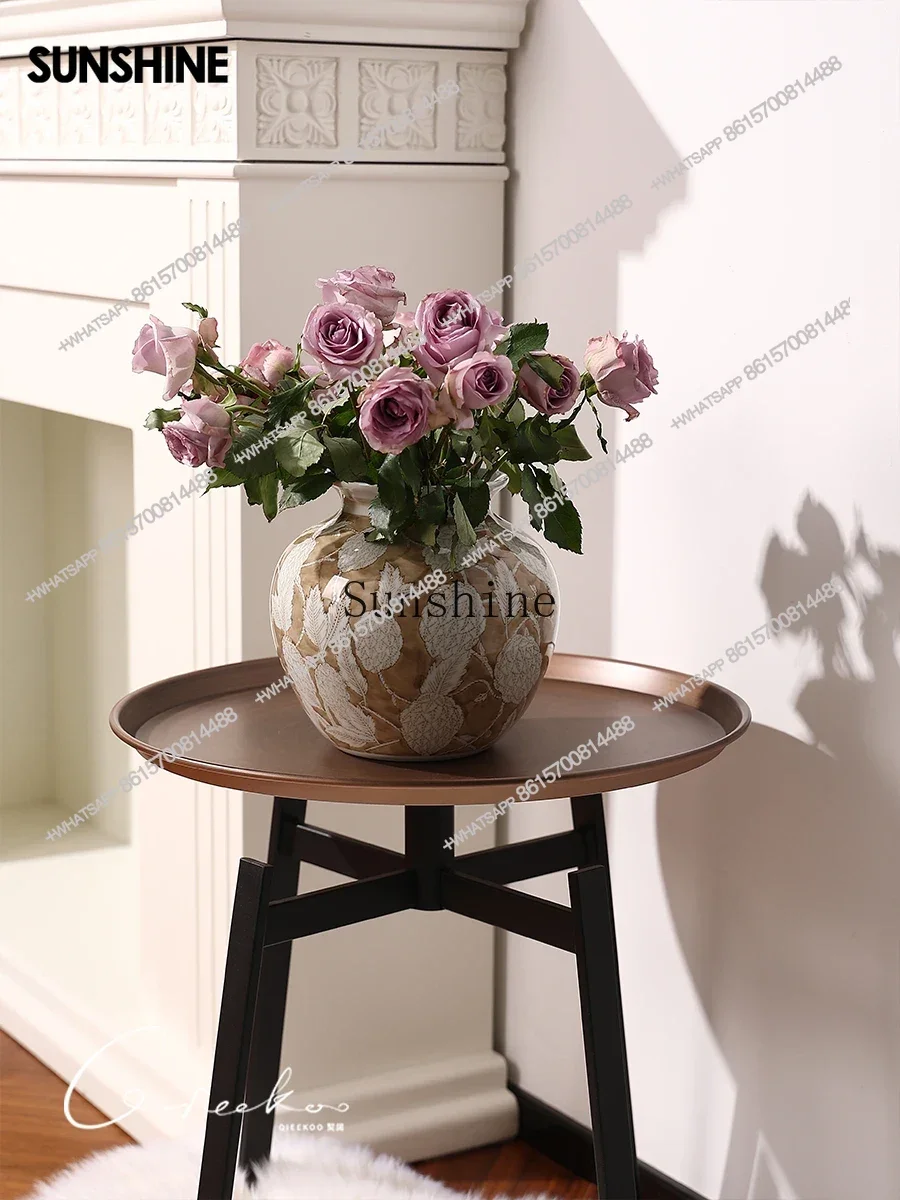 Golden Leaf Full Hall Large Diameter Ceramic Vase New Chinese Entrance Ornament