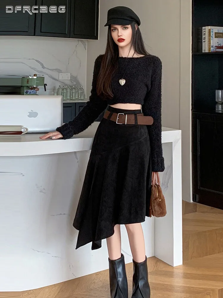 

Autumn Winter Vintage Woman Irregular Midi Skirt With Belt American Retro Casual Split Chic Suede A-Line Skirts Lady