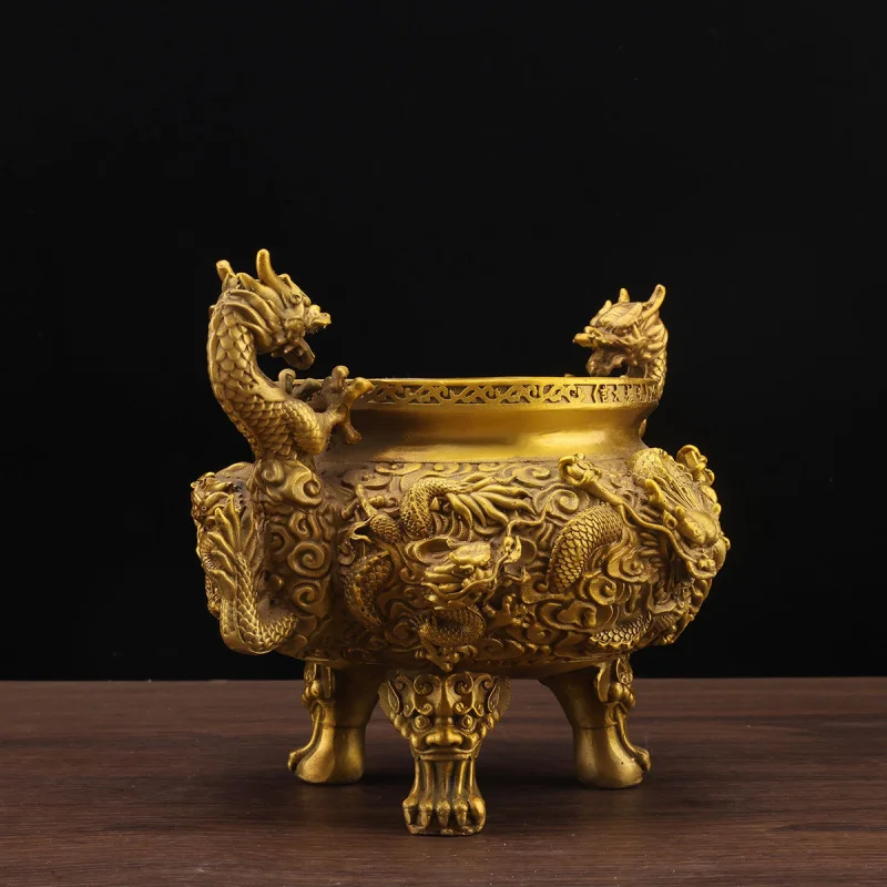 Pure Copper , Nine- , Head , Double-Dragon Incense Burner, Large Size For