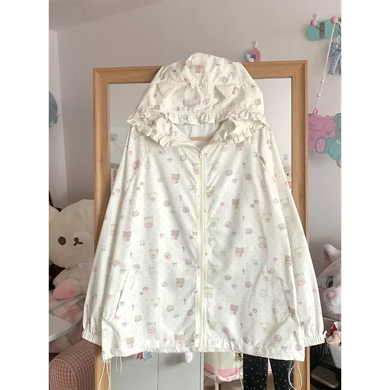 Cute Rilakkuma Print Women Summer Sun Protection Jacket Loose Lazy Style Anti-UV Thin Hooded Coat