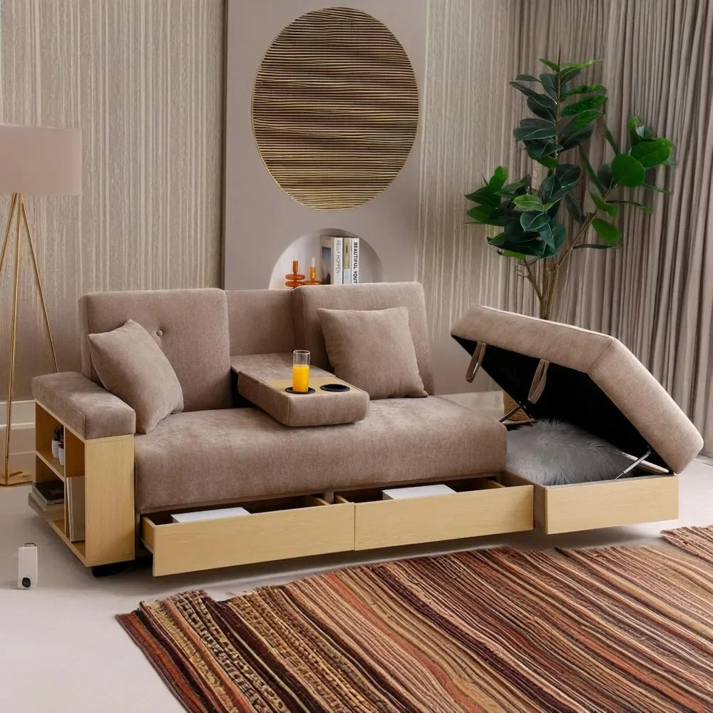 

Роскошный раскладной диван-кровать Nordic Luxury 84,65 дюйма с местом для хранения вещей, 2 ящиками, подлокотником, регулируемым и журнальным столиком для небольших квартир