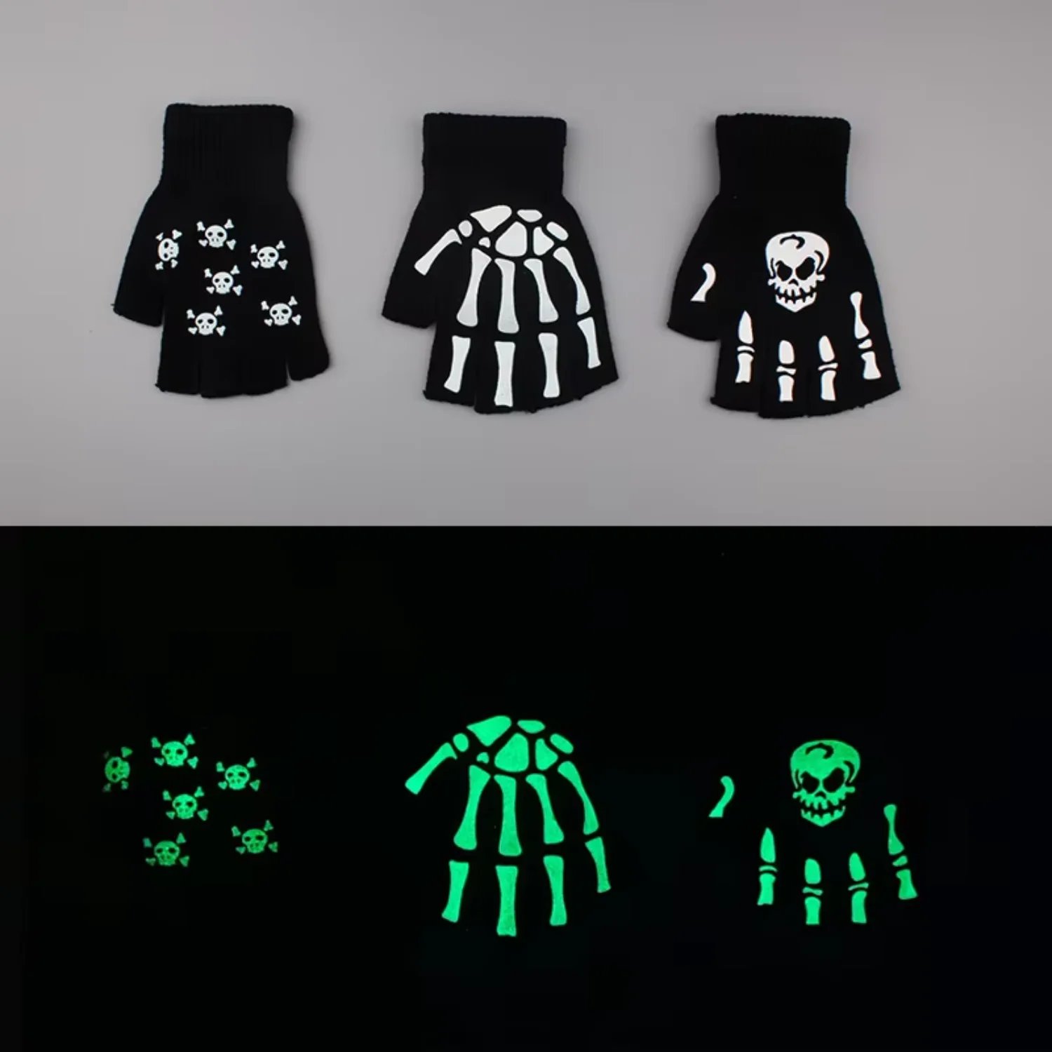 Winter warm knit half-finger gloves Halloween glow-in-the-dark fluorescent skull claw printing riding gloves