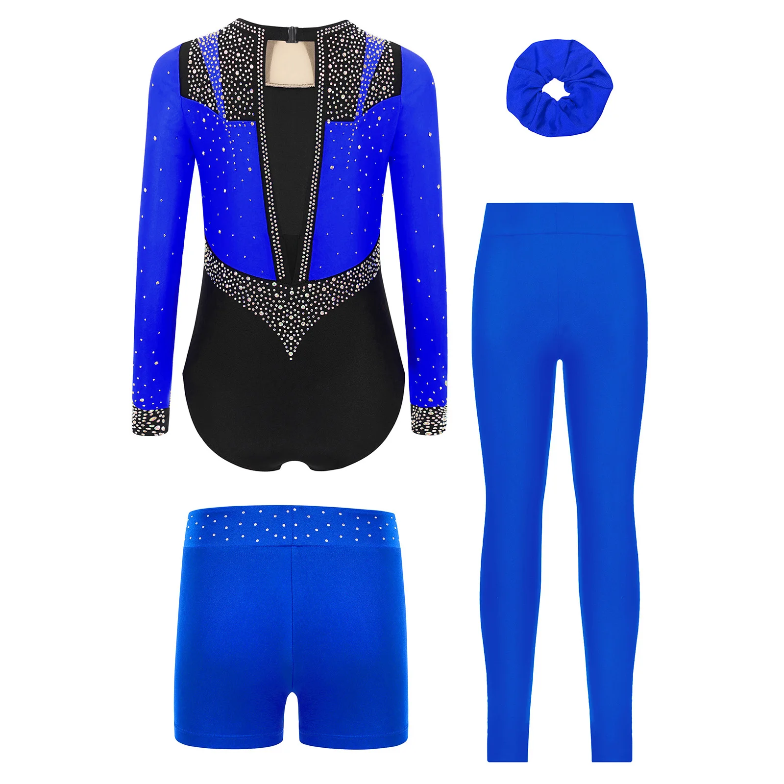 Kids Girls Gymnastics Figure Skating Outfit Long Sleeve Keyhole Back Sparkly Rhinestones Leotard Ballet Dance Performance Outfit