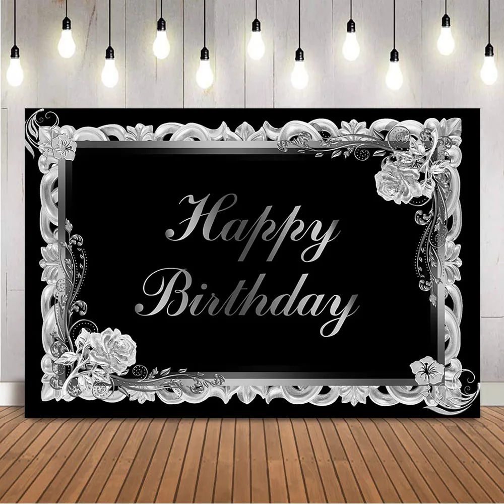 

Happy Birthday Background Black Adult Theme Party Decoration Supplies Vinyl Cloth Customize Photo Backdrop Photocall