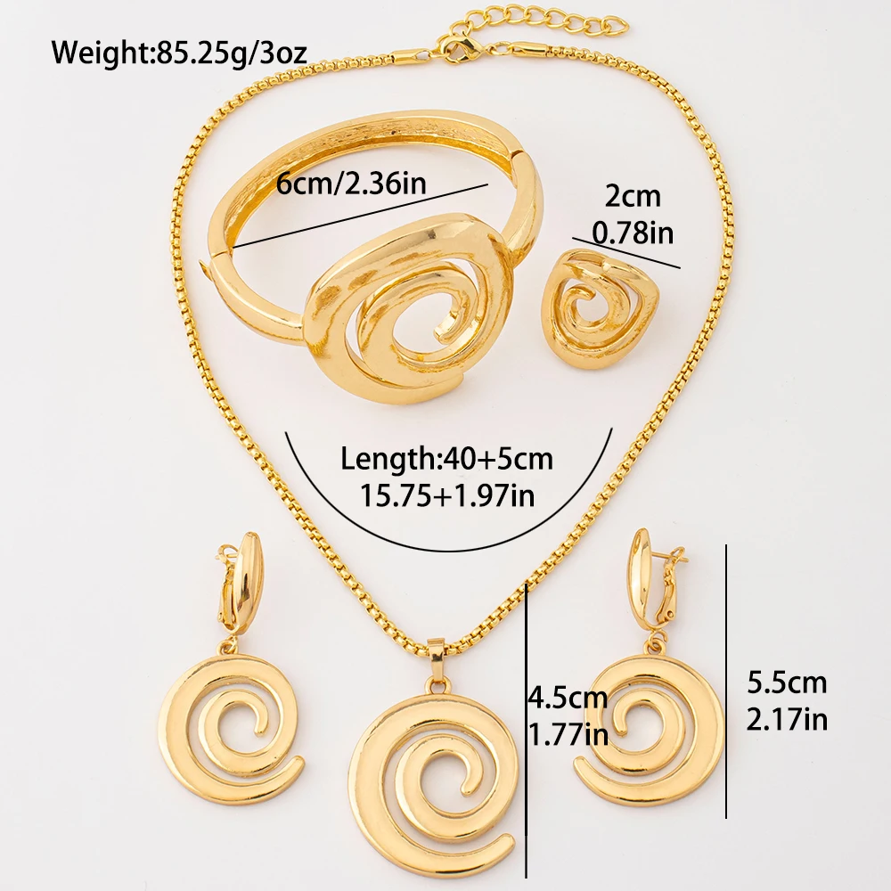 Gold Plated Spiral Swirl 4Pcs Jewelry Set Necklace Earrings Bangle Ring Trendy Women  Daily Party Fashion Jewellery Gifts