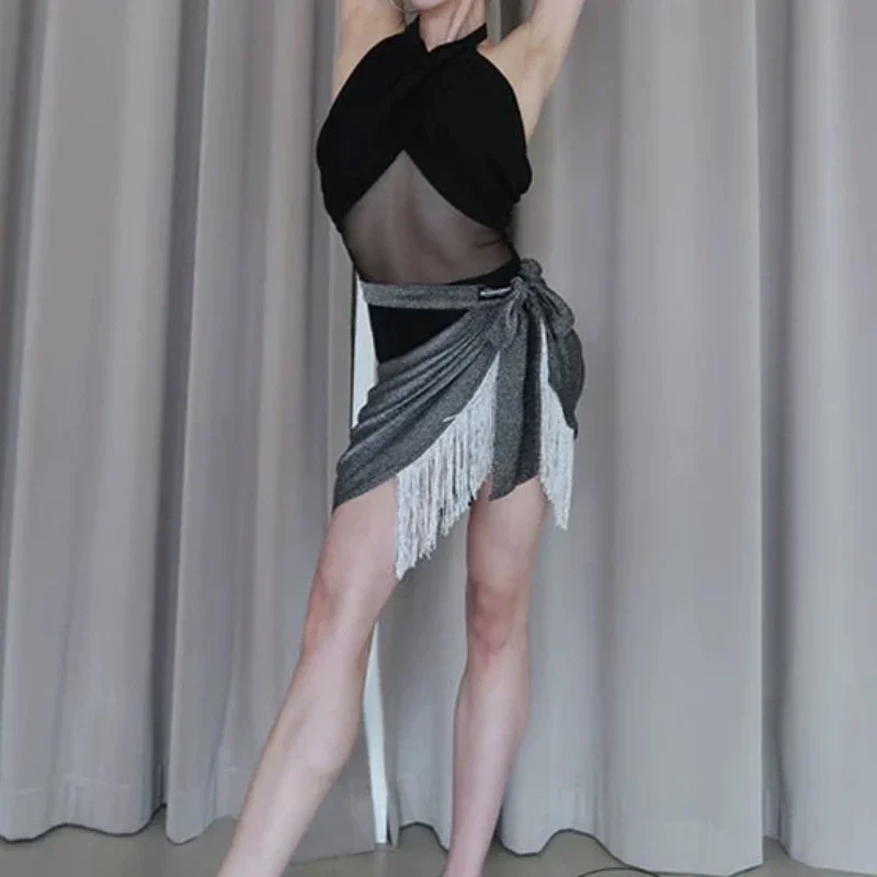 Vrouwen Latin Dans Jurk Pak Glanzende Mouwloze Backless Top Omzoomde Rok Samba Chacha Rumba Ballroom Training Prestaties Set