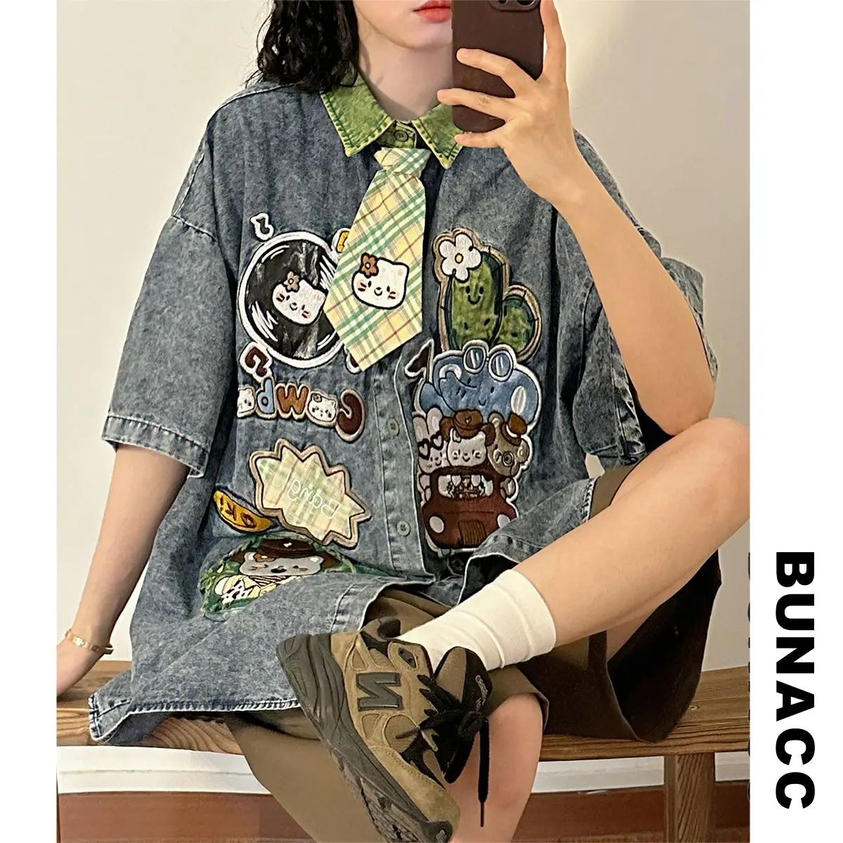 

Женский летний повседневный топ в стиле ретро с мультяшной вышивкой Waed Denim ort Sve irt