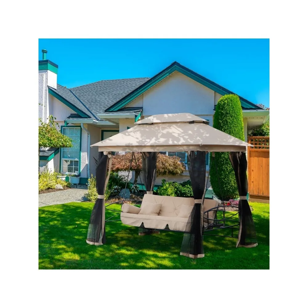 

3-Seat Patio Swing Chair, Outdoor Gazebo Swing with Double Tier Canopy, Mesh Sidewalls, Cushioned Seat and Pillows