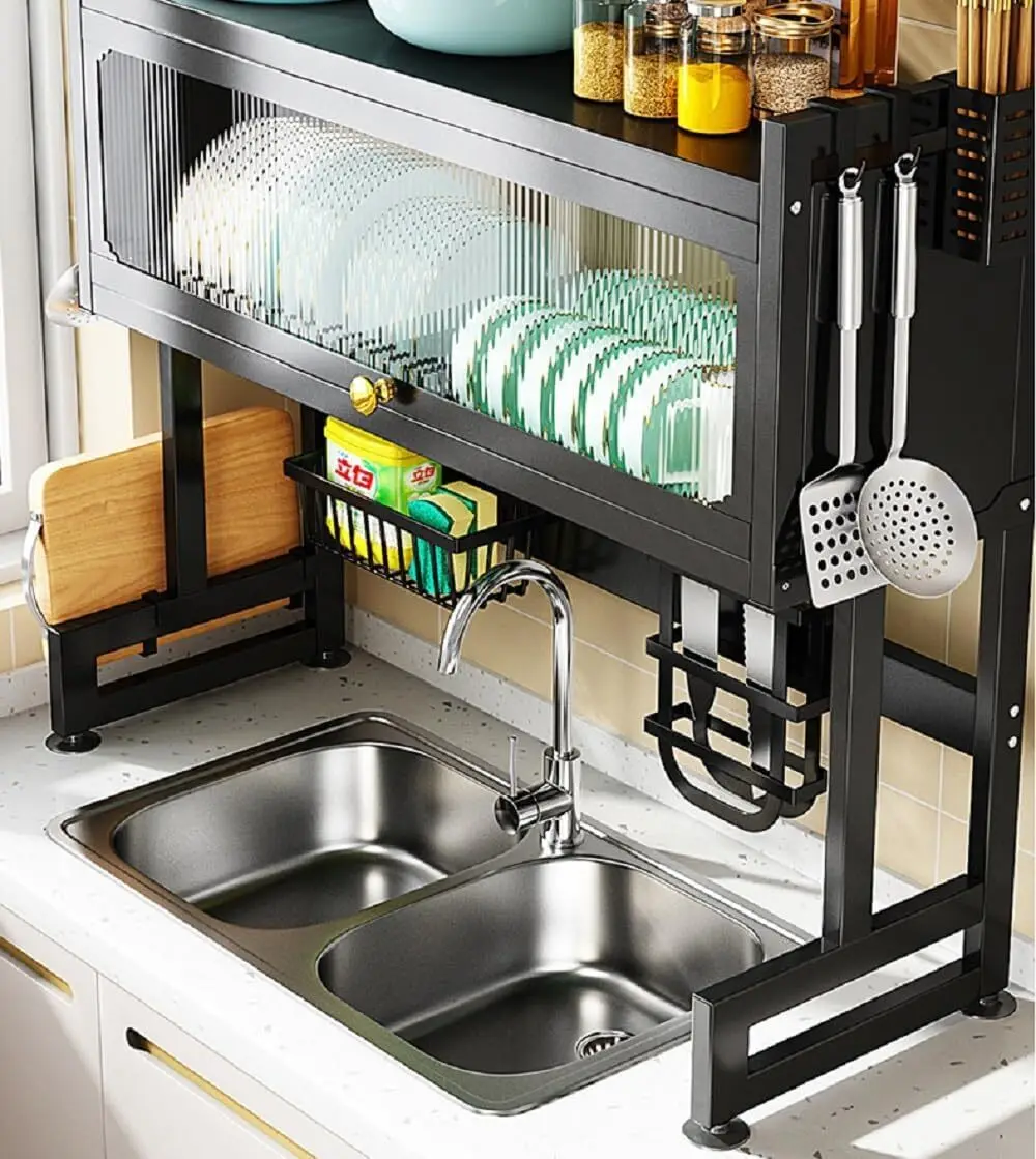 حامل كونترتوب أبيض حديث، فوق الحوض من الفولاذ الكربوني، مطاط، تجفيف أدوات المائدة للكمبيوتر الشخصي، رف تجفيف الأطباق، تجفيف الأطباق من طبقتين