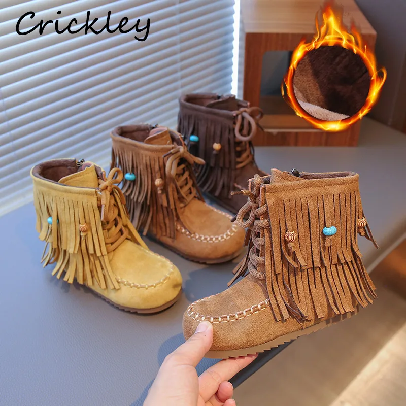 

Tassel Children Fashion Boots Autumn Winter Solid Fleece Warm Vintage Girls Boots PU Leather Zip Soft Kids Mid Calf Shoes