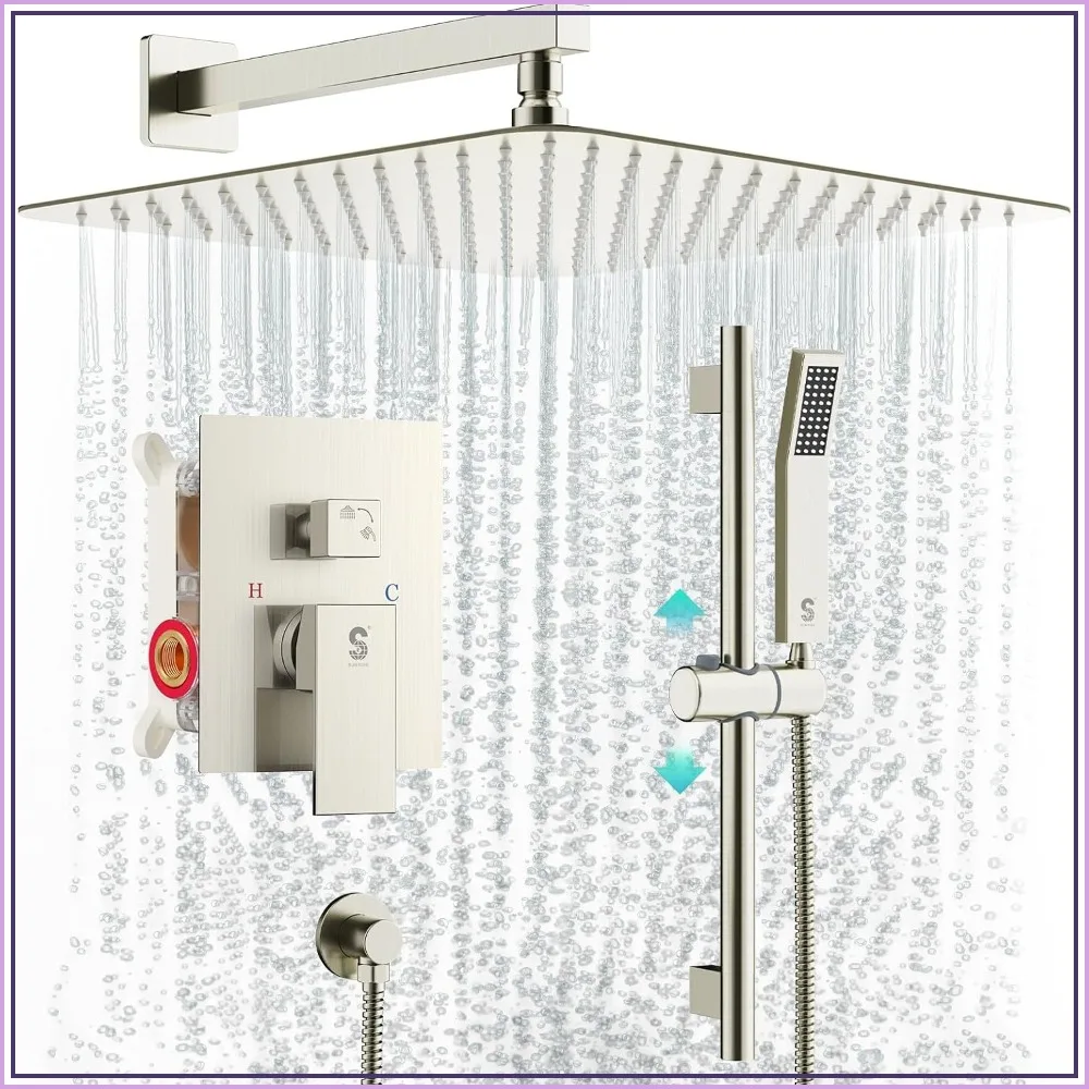 Sistema de ducha cuadrado de 12 pulgadas con cabezal de lluvia y barra deslizante, set combinado de pared, incluye válvula y kit de accesorios, níquel cepillado