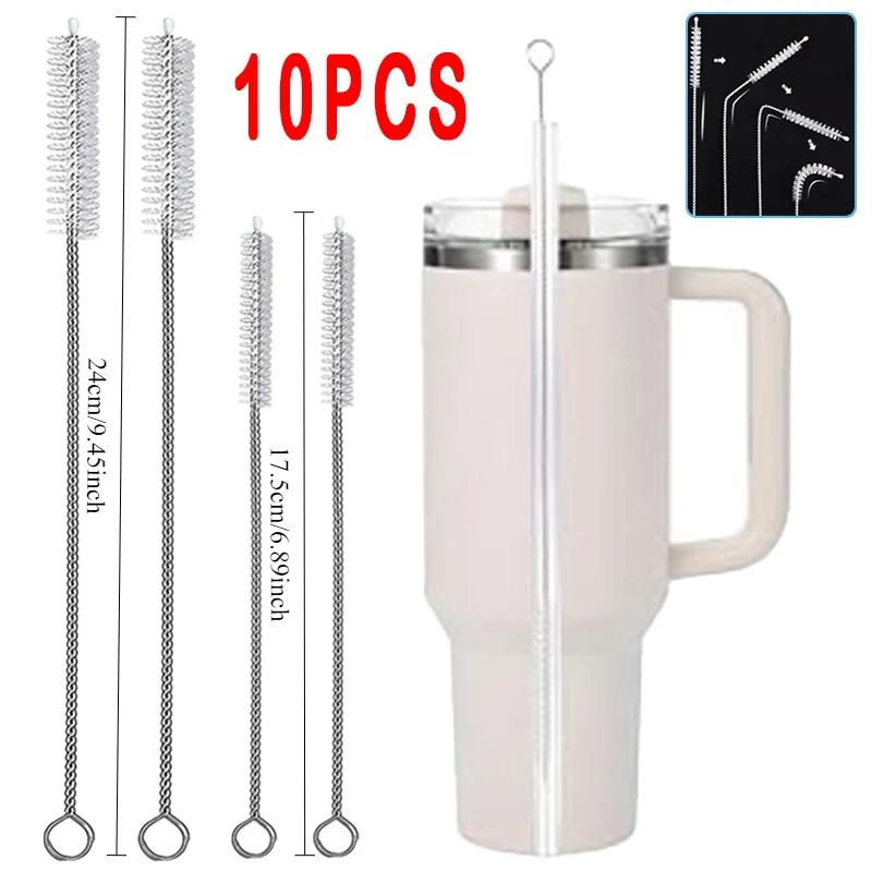 Kit de escova de limpeza de canudo potável, limpador de tubo de palha, nylon, aço inoxidável, alça longa, escovas de limpeza para ferramenta de palha com 10 peças