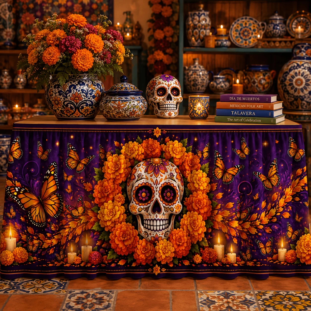 1 tablecloth table skirt, Day of the Dead sugar skull marigold flower butterfly candle retro picture frame print decoration