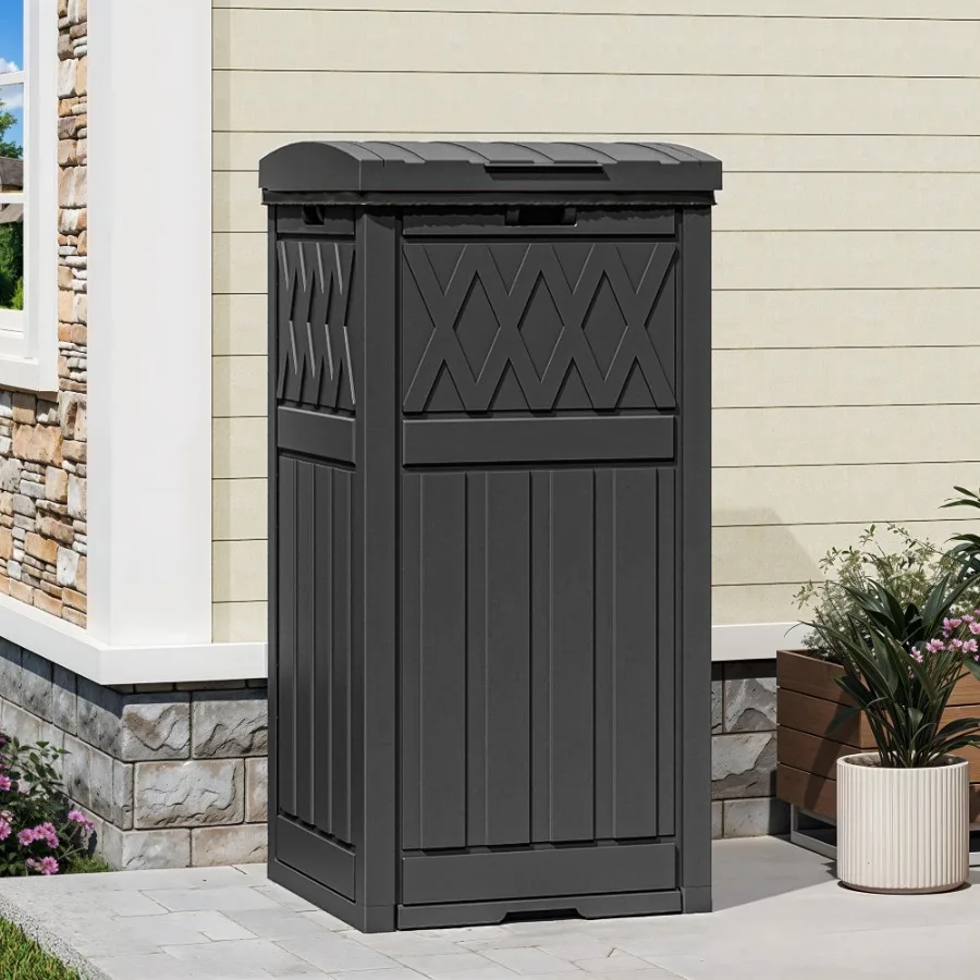 

32 Gallon Large Outdoor Trash Bin, Waterproof Garbage Can with Lid and Drip Tray for Porch, Backyard, Patio, Black