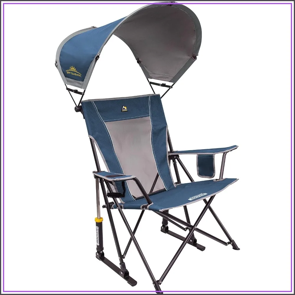 Outdoor Rocking Chair with Canopy, Folding Patio Rocker, UPF 50+ Shade, Supports 250 lbs