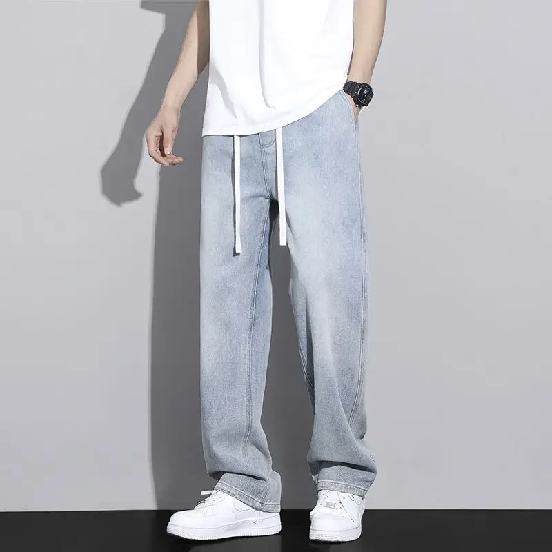 Men's Straight Leg Jeans American High Street High-quality Drawstring Design Daily Casual Loose Pants Washed Polished White